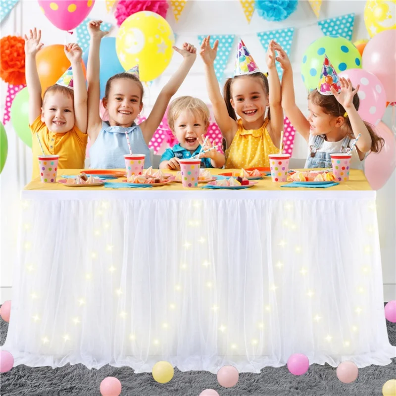 4FT White Tulle Table Skirt with LED Lights Table Cloth for Birthday Party Baby Shower Wedding Bar Home Christmas Decor