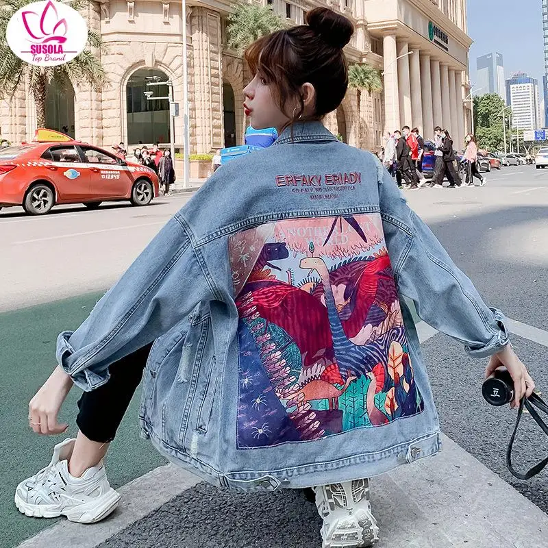 

SUSOLA Women Denim Jacket feminine Spring Autumn Boho Floral Appliques Embroidery Coat Long Sleeve Outerwear Female Veste femme