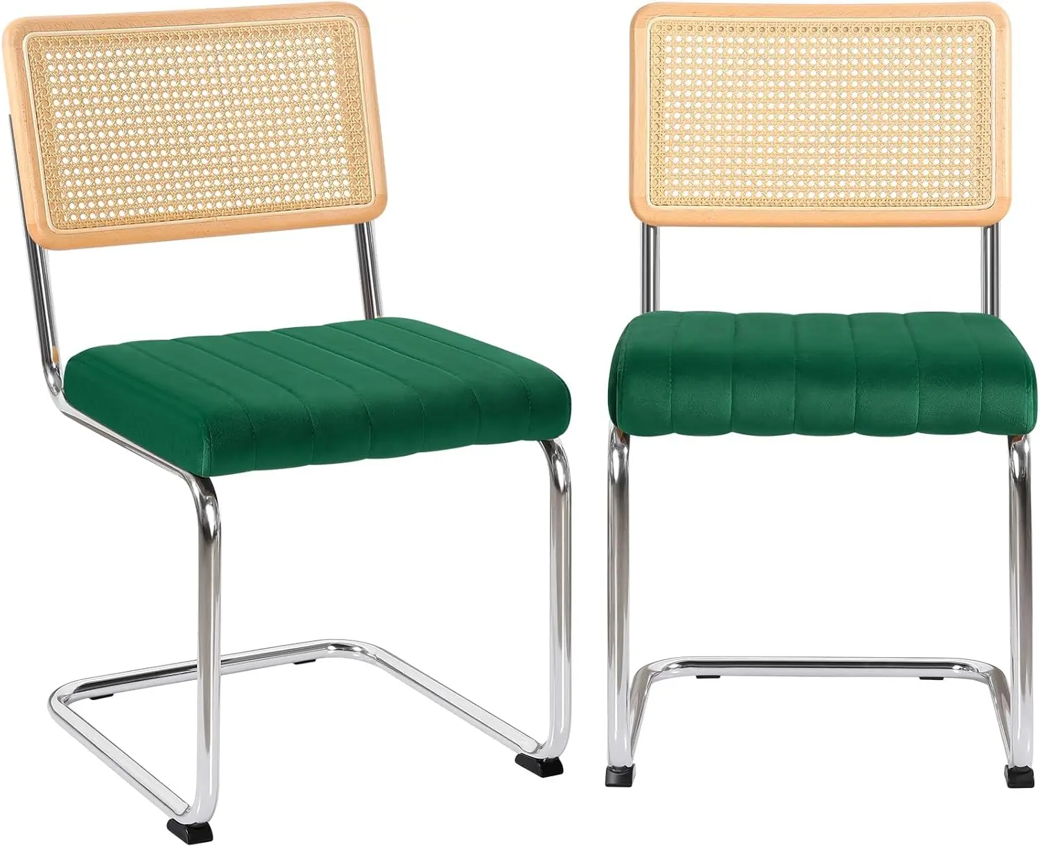 Mid Century Modern Dining Chairs Set of 2. Rattan. Cane Back. Metal Legs. Velvet Upholstered. Armless. Green.