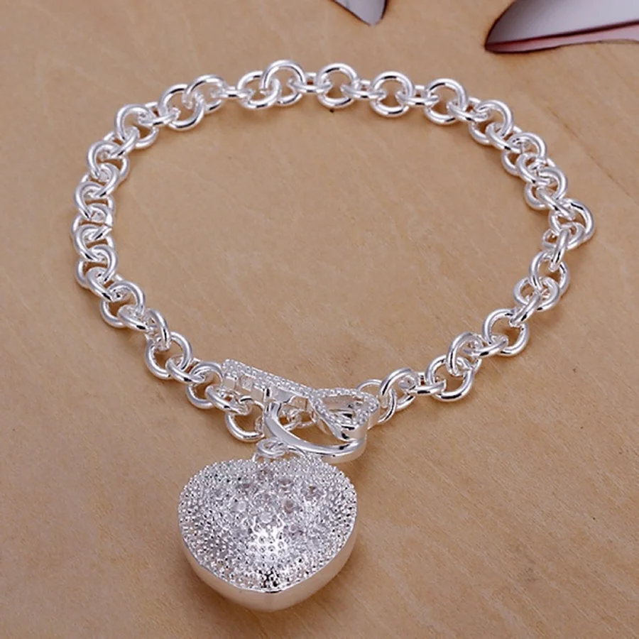 

925 sterling Silver Bracelet for women 8inches popular valentine gift beautiful Jewelry romantic inlaid stone heart Bracelets