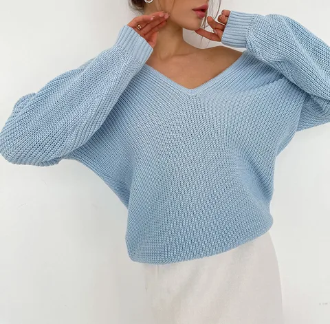 Fashion Autumn 2022 Sweater for Women Knitted Top Classic Basic V Neck Pullovers Sweaters Blue Soft Girl Knitted Jumpers