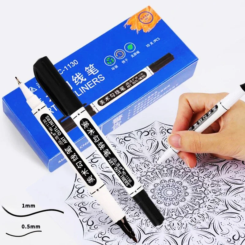 아트 더블 헤드 라인 펜, 레드 블랙 및 블루 0.5, 빠른 건조 유성 마커, 필기 및 그림 용품, 10 박스-1mm