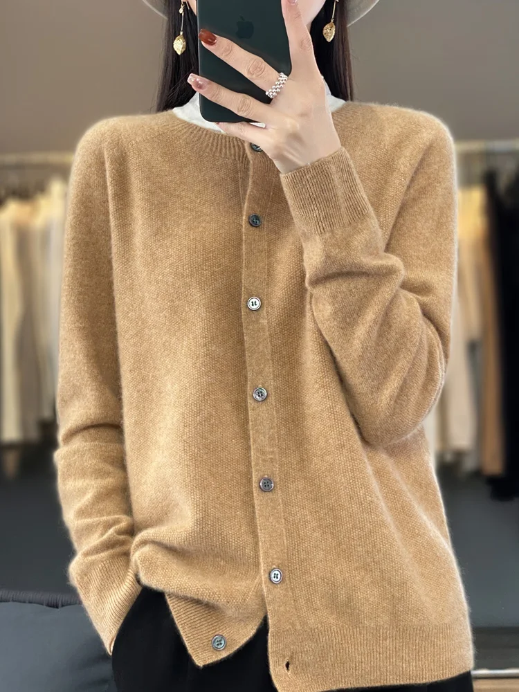 New Fashion Women Autumn Winter Cardigan 100% Merino Wool O-neck Solid Basic Long Sleeve Cashmere Knitted Sweater Female Clothes