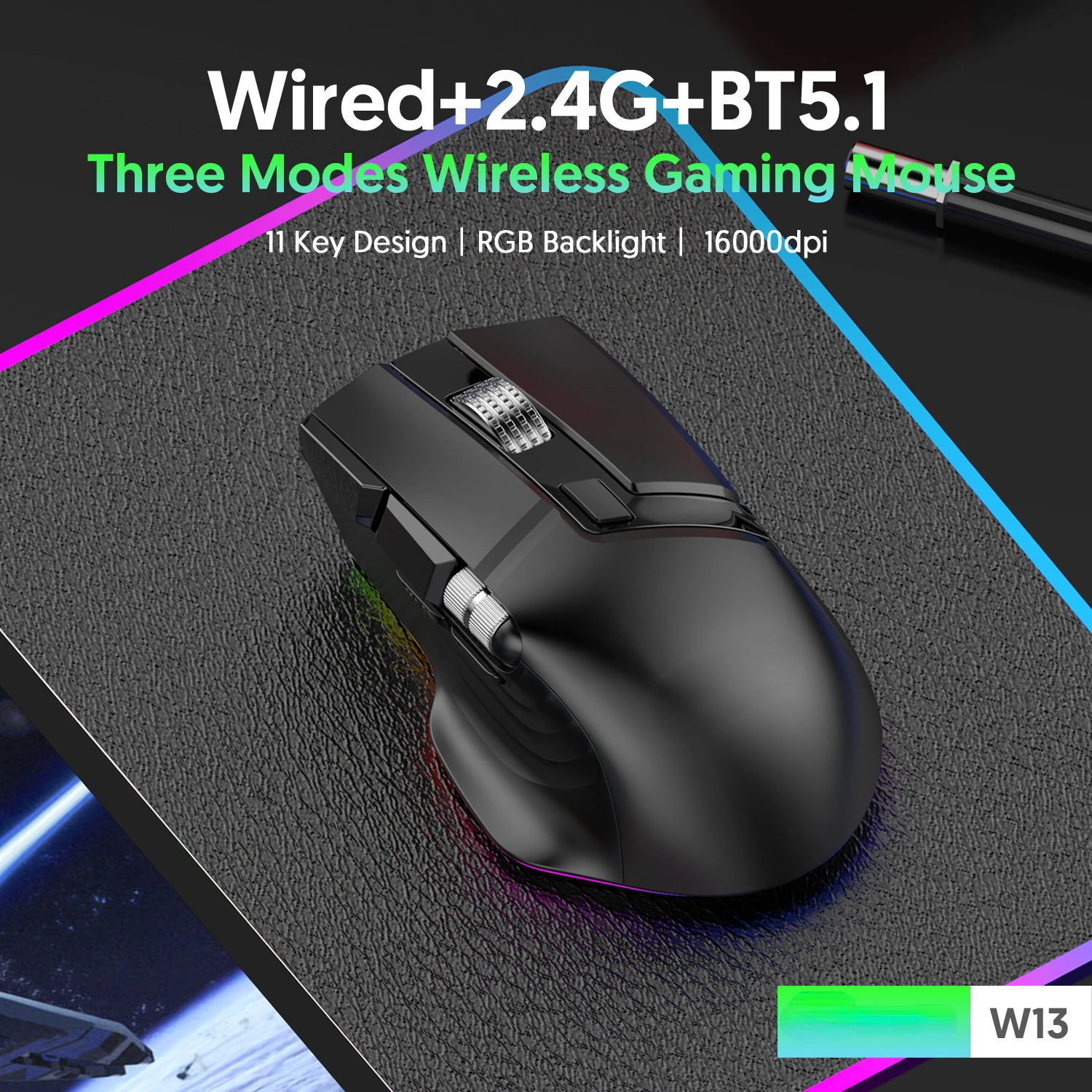 

16000 DPI Wireless Triple Mode 10 Button Double Scroll Wheel Swinging RGB Macro Definition Gaming Mouse with Mouse Anti-slip