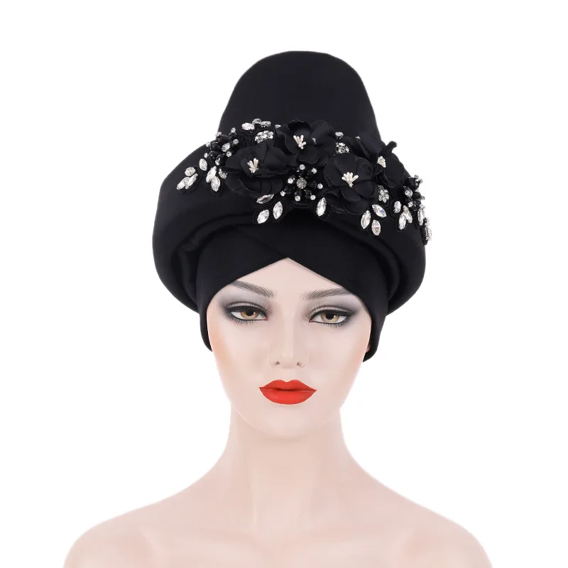 

Latest Diamonds Women's Turban Cap Nigeria Wedding Geles Ready African Auto Gele Headtie Female Head Wraps Muslim Headscarf Hat