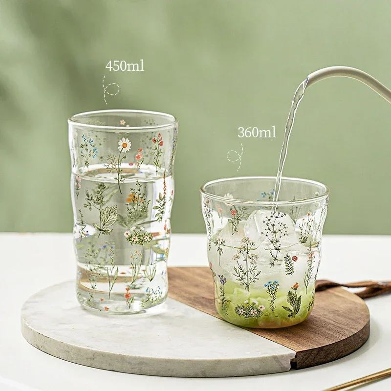 360-450ml Flower Fresh Glass Home High Beauty Cloud Cup Handy Milk Cup Net Red Drinking Glasses Coffee Mugs