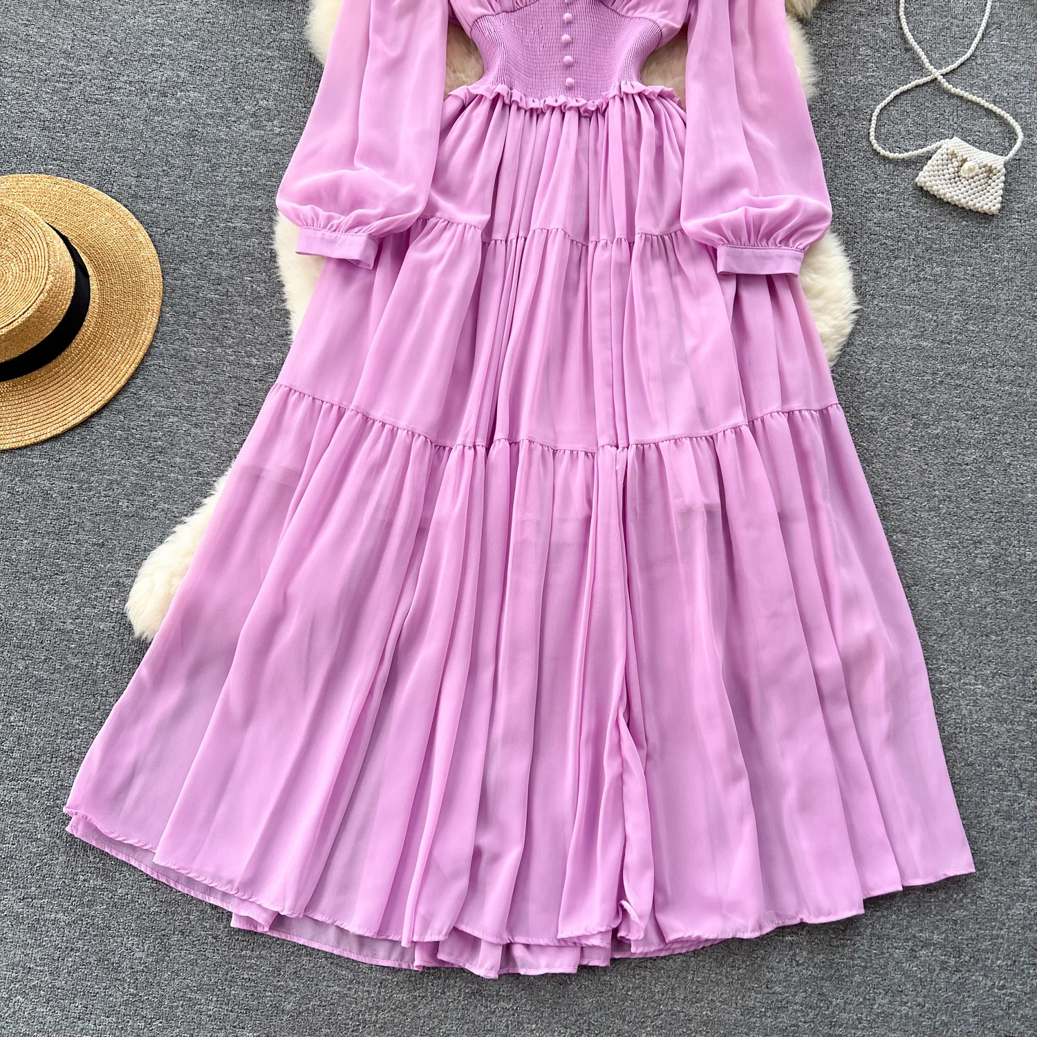 Vintage Chiffon Long Dress Women Elegant V-neck Long Sleeved Casual Dresses French Pleated Slim A-line Long Robe Vestidos