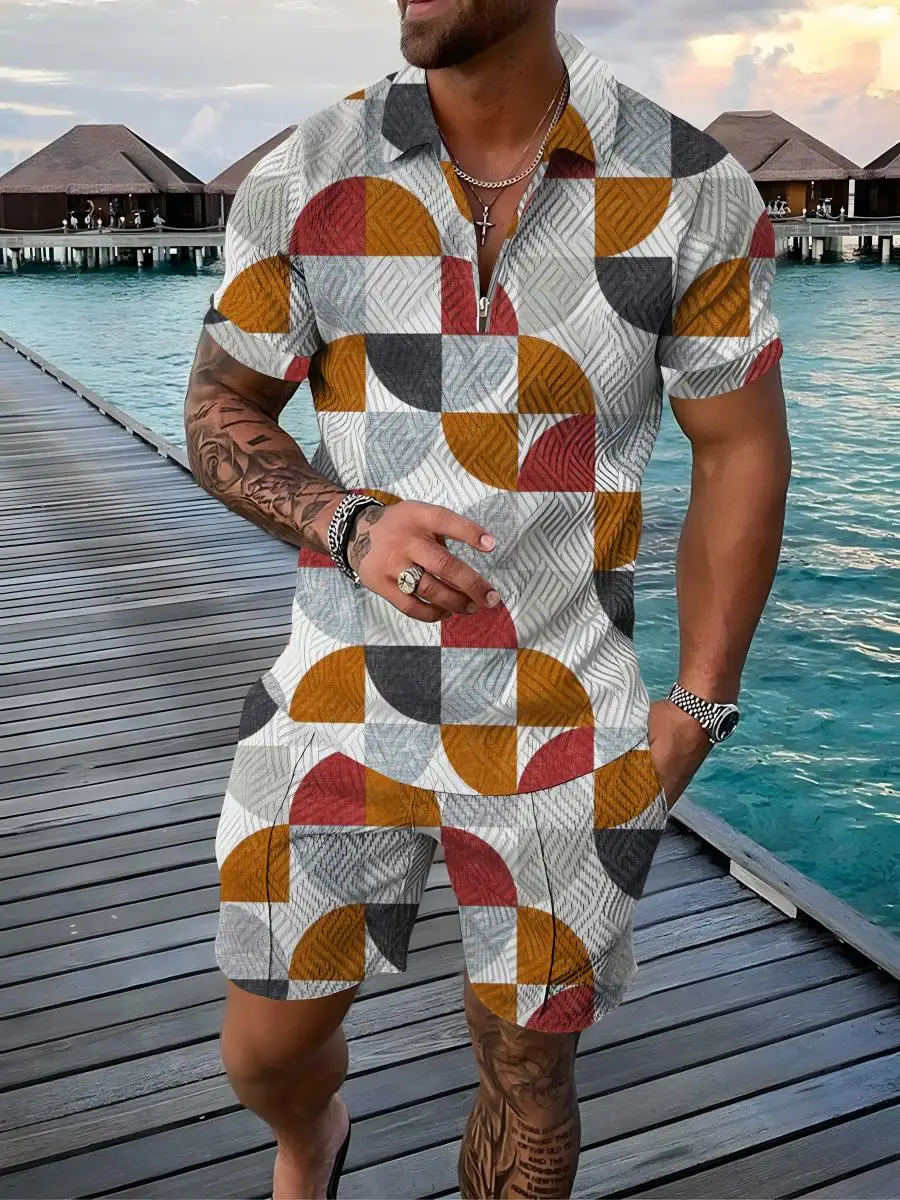 Color Gradient 2 Pcs Sets Golf Summer Fashion Mens Polo Shirts Short Sleeve + Short Pants Sets Tracksuit Casual Beach Suit 3
