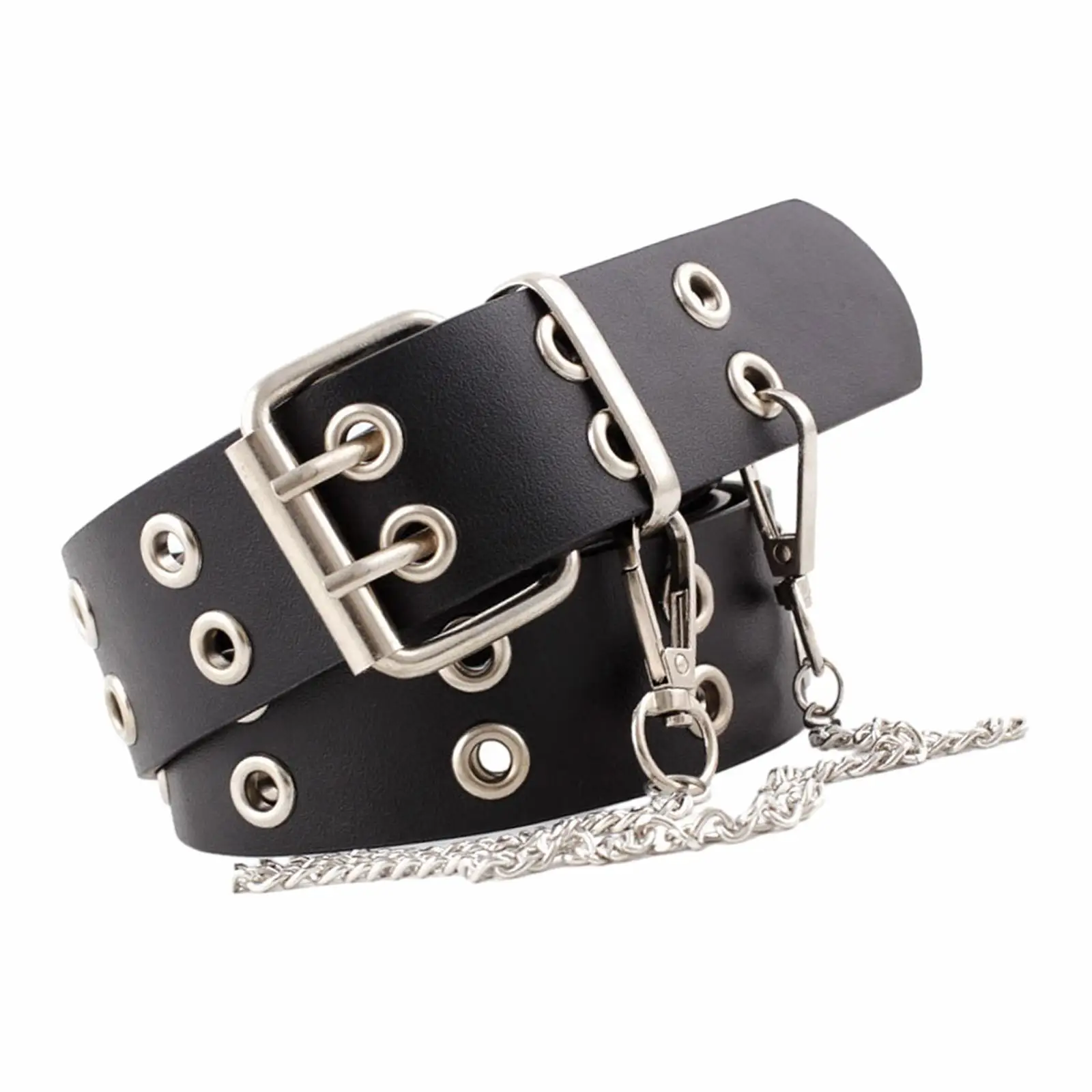 

Double Grommet Belt Double Prong Buckle with Chain Gothic Punk Rock Eyelet with 2 Holes PU Leather Punk Belt for Party Women Men