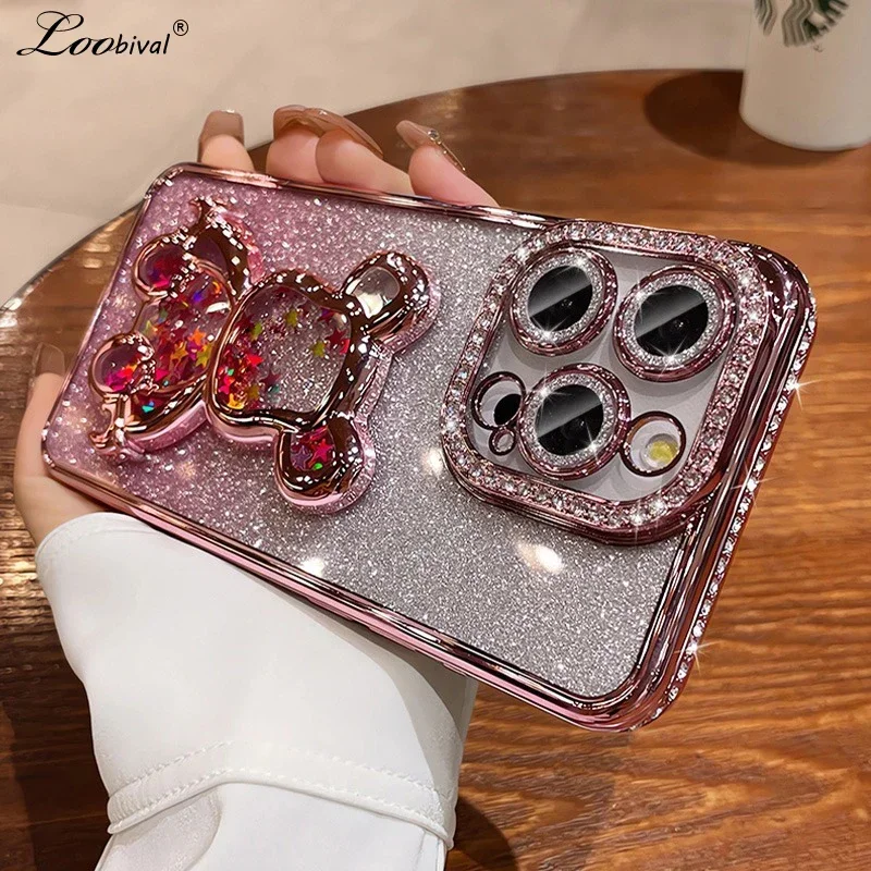 Glitter Quicksand Bear Diamond Case for iPhone 15 14 13 16 17 Pro Max 17 Air Plus 11 12 Gradient Rhinestone Plating Soft Cover