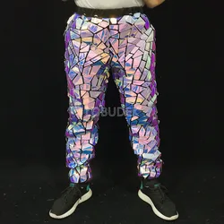 Purple Blue Laser Sequins Casual Pants Bar Male Singer Stage Performance Mirror Trousers Festival Party Show Rave Dance Costume