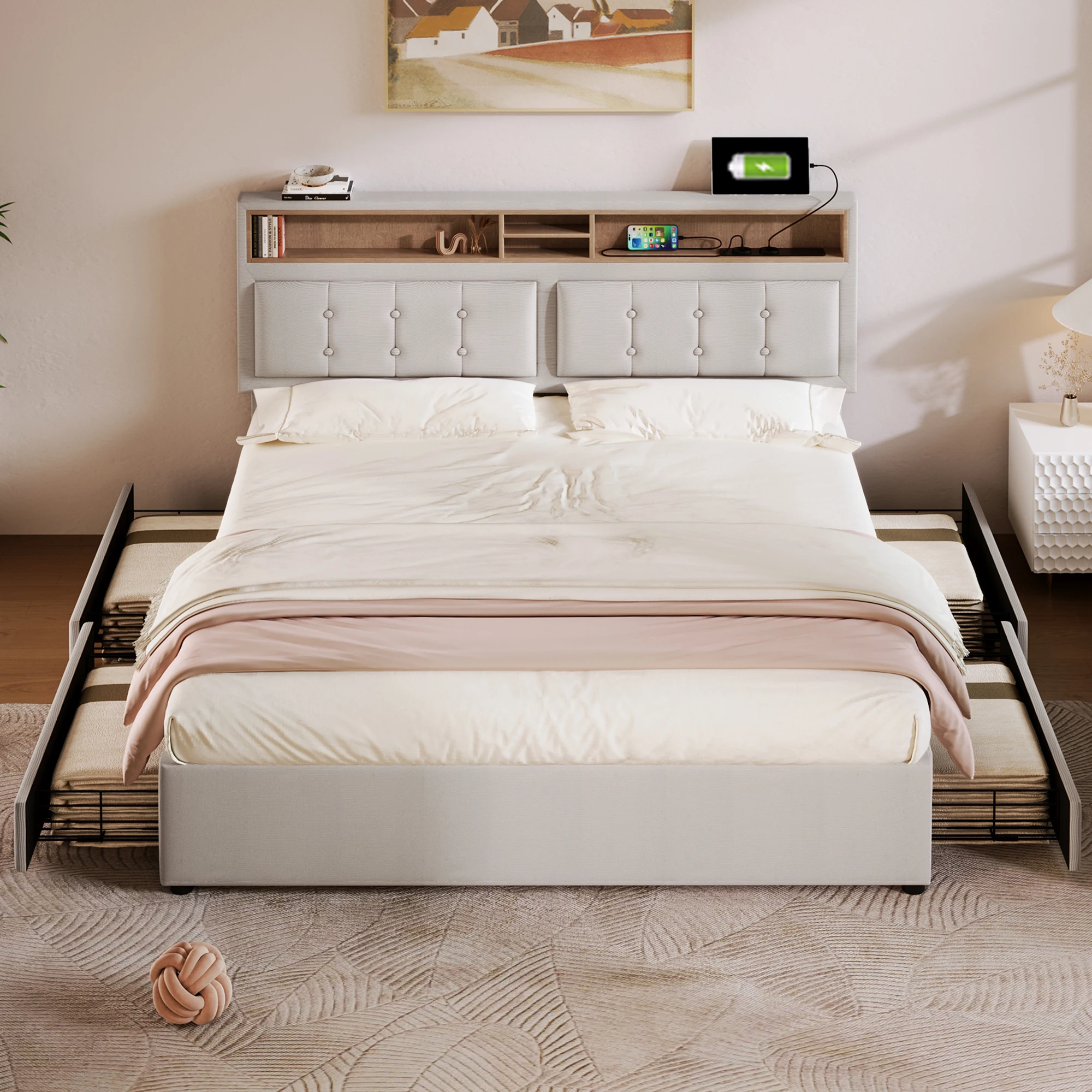 VSOGA-160x200-Cm-Double-Bed-With-4-Drawers-And-USB-C-Socket-Upholstered ...