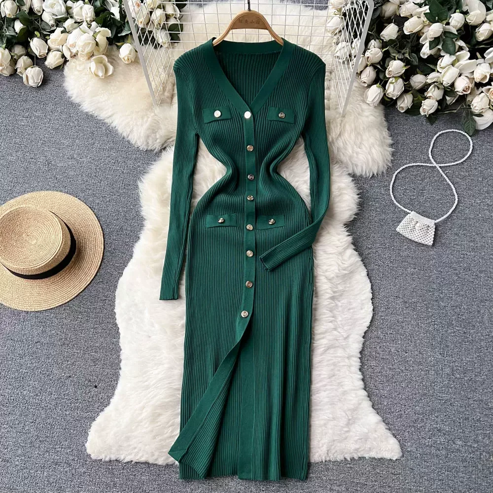 Autum Winter Slim Design Knitted Dress V Neck Single Breasted A Line ...
