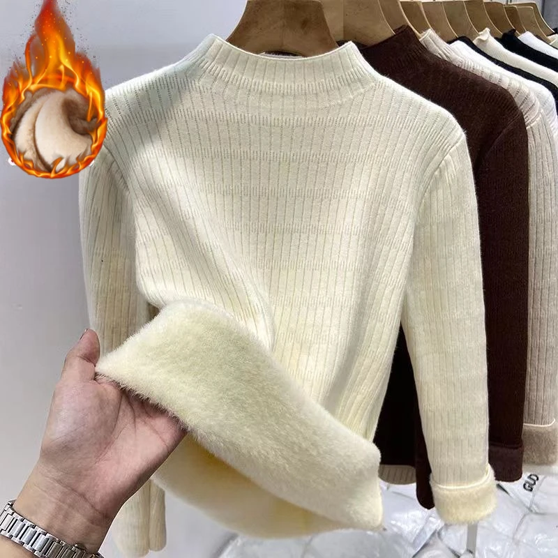 Women Warm Knitted Turtleneck Sweater Winter 2025 Solid Base Layer Top Korean Style Fleece Lined Long Sleeves Thick Pullover 45