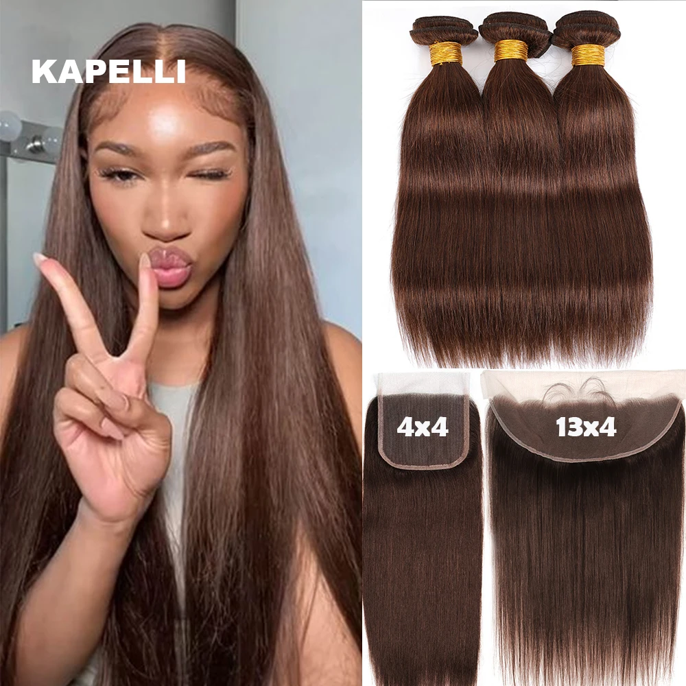 Straight Hair Bundles with Frontal and Closure Brown Human Hair Weave Bundles 4X4 13X4 Remy Extension human hair bundles