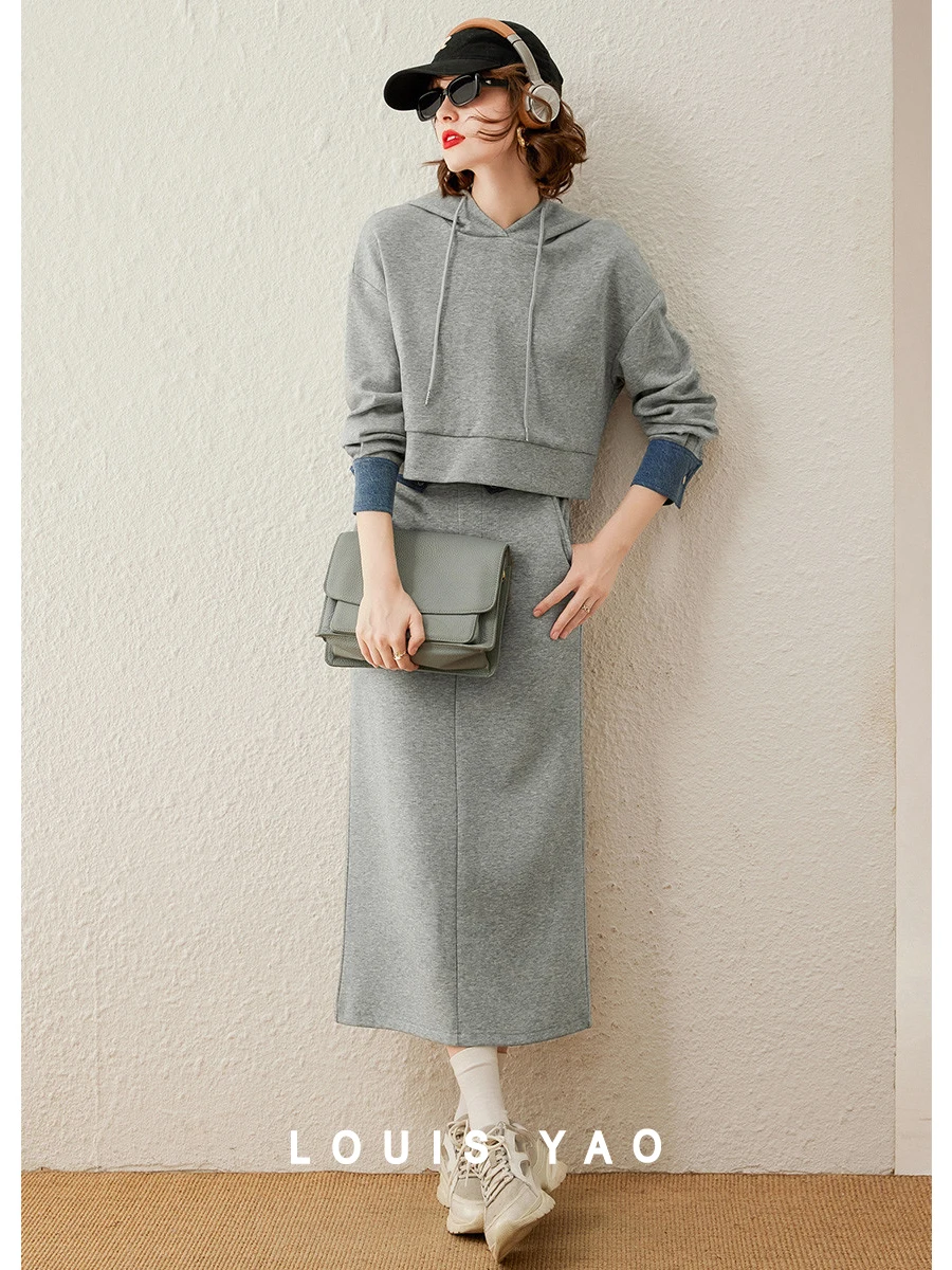 LOUIS YAO Women Hooded Dress Two-piece Set 2023 Autumn Long Sleeve Long Dress Color-block Spliced Skirt Sweatshirt Suit Women