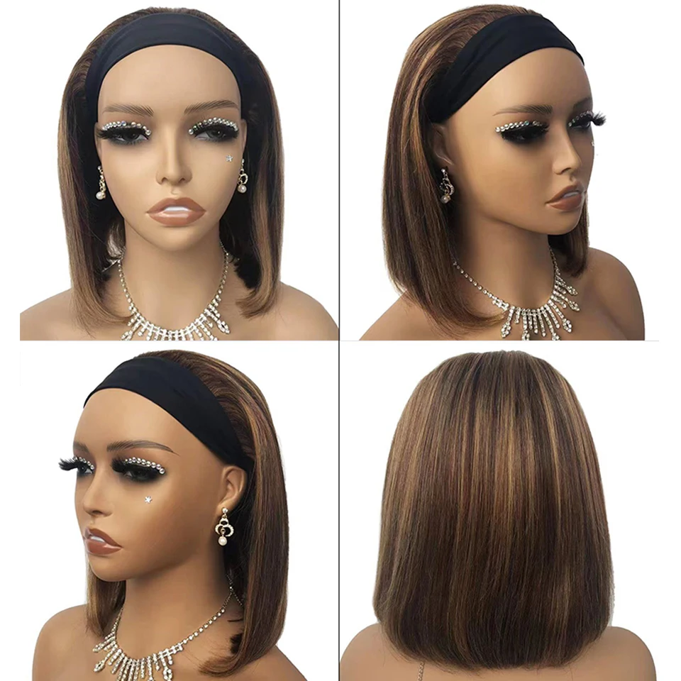 Highlight Bob Headband Wigs Human Hair Short Straight Bob Headband Wig for Women Brazilian Glueless P4/27 Ombre Brown Blonde Wig