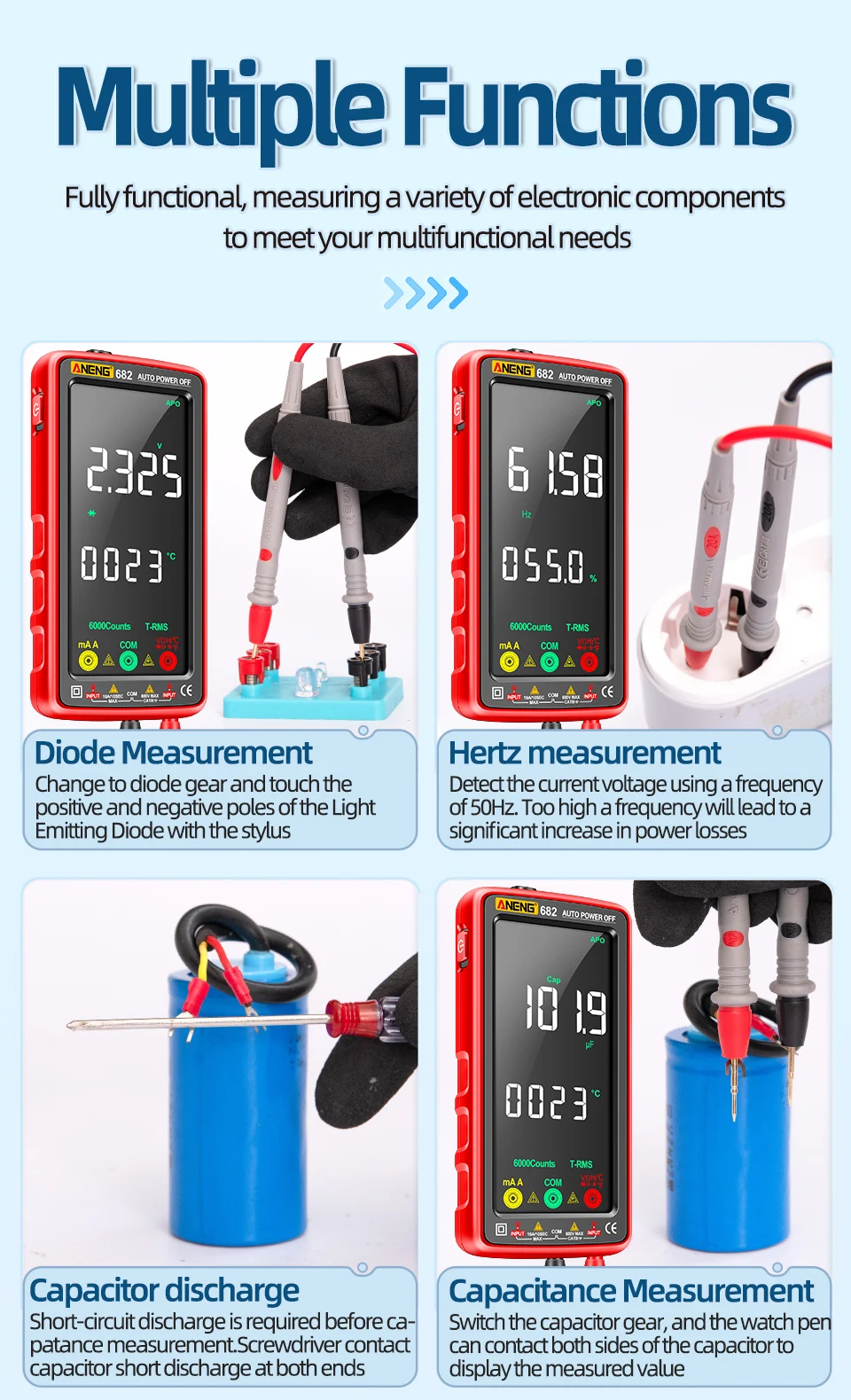 ANENG 682 Digitales Multimeter 6000 Anzeigen VA Reverse-Display AC/DC Spannung Strom Temperatur Tester NCV-Detektor USB Wiederaufladbar Mult – Detail 11