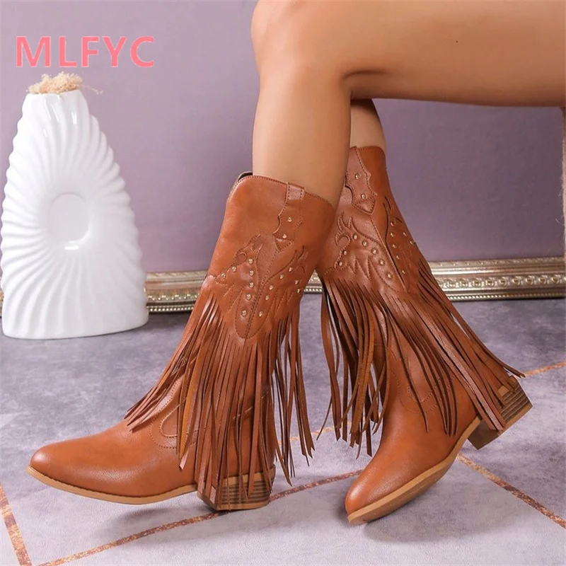 Europe and America Vintage Tassel Boots 2023 Autumn/Winter New Rivet Mid Barrel Boots Large Knight Boots Mujer