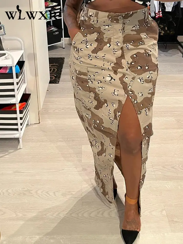 

WLWXR Summer Street Wear Camouflage Casual Skirts Outfit For Women 2023 Side Slit Skirt Zipper New In Matching Long Skirts