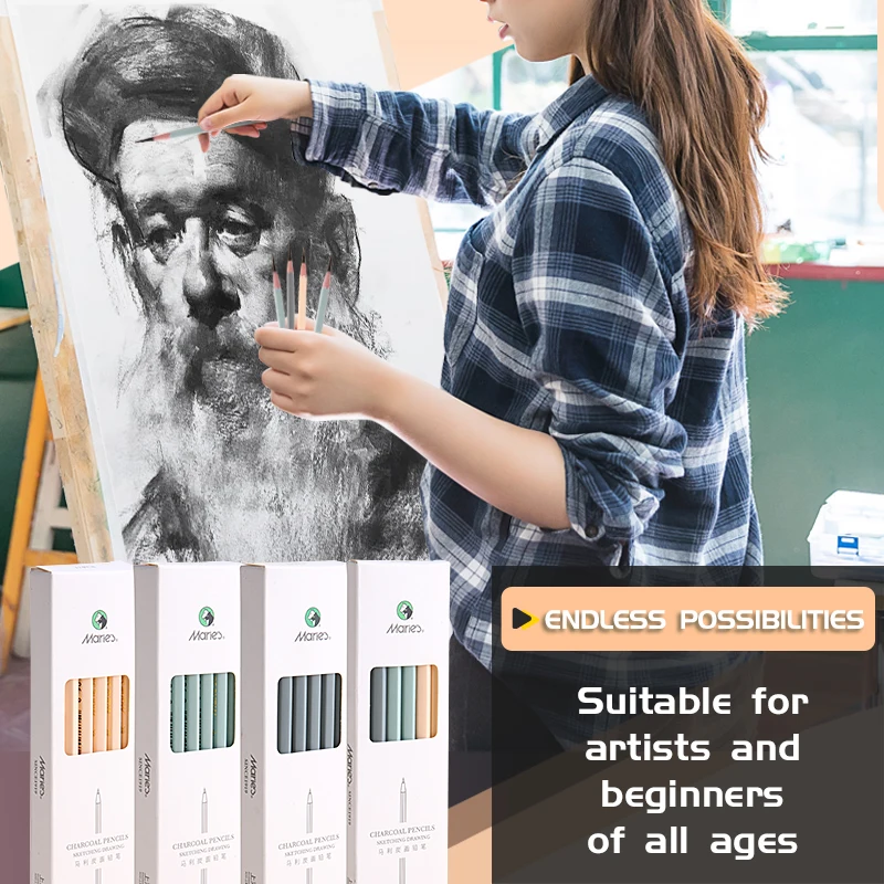6/12pcs Marie's Sketch Charcoal Pencils,Soft/Medium/Hard Lead with Colored Wooden Barrel for Drawing,Sketching,Shading & Blendin 6