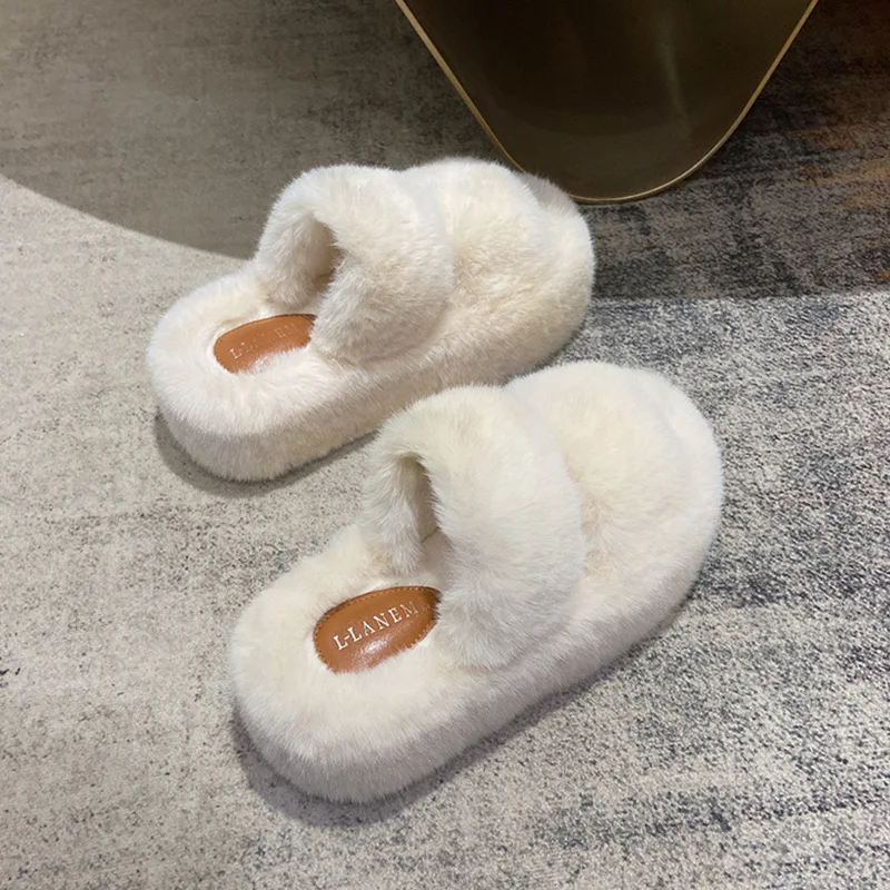 7cm Fashion Women Fluffy Slippers Winter Warm Slippers Woman Flat Platform Slippers High Quality Furry Faux Fur Slides Women 42
