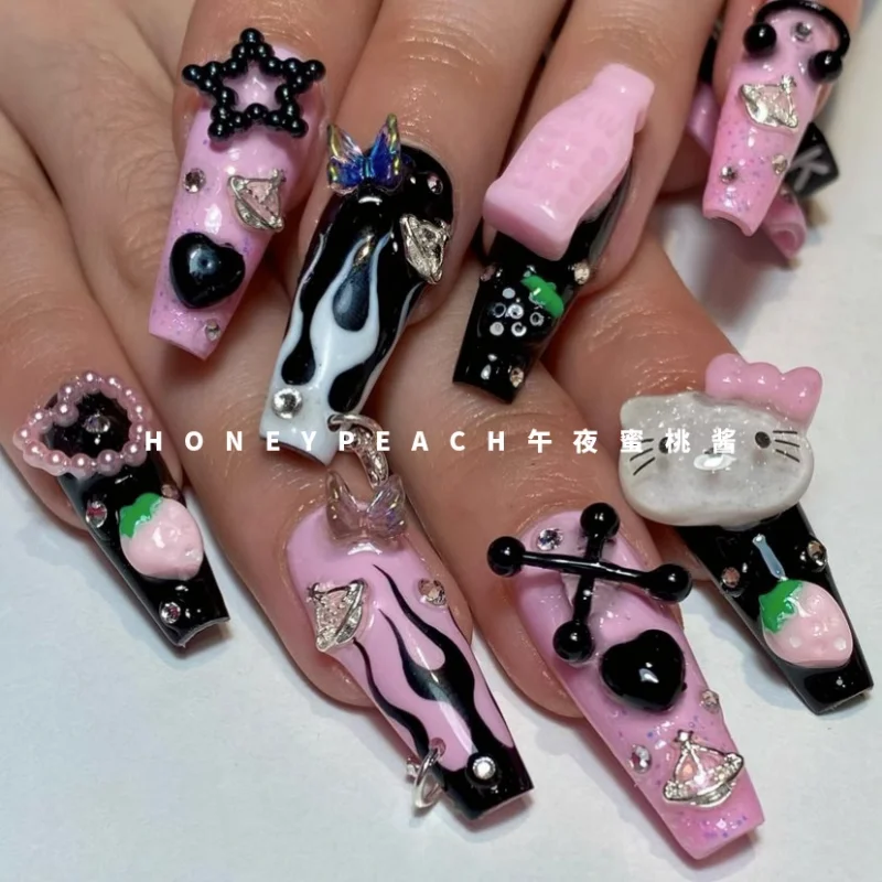 

Накладные ногти с черепом, готическим пламенем, демоном, Hello Kitty Y2K, накладные ногти с длинным гроб, изысканный роскошный дизайн, накладные ногти с клеем