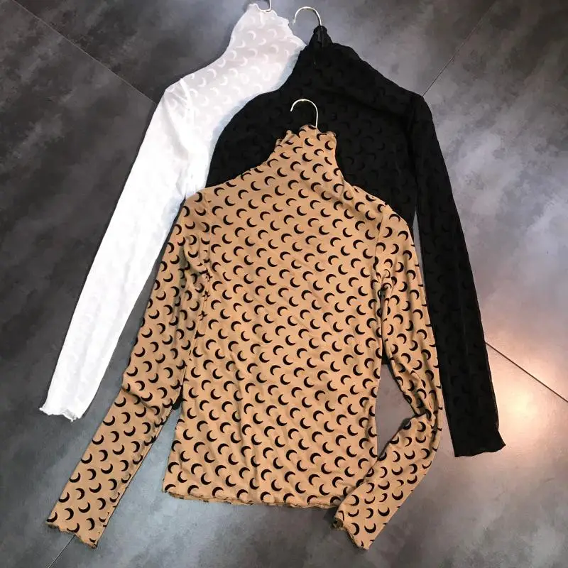 

23FW Crescent print high neck slim fit mesh bottom long sleeved solid t-shirt for women