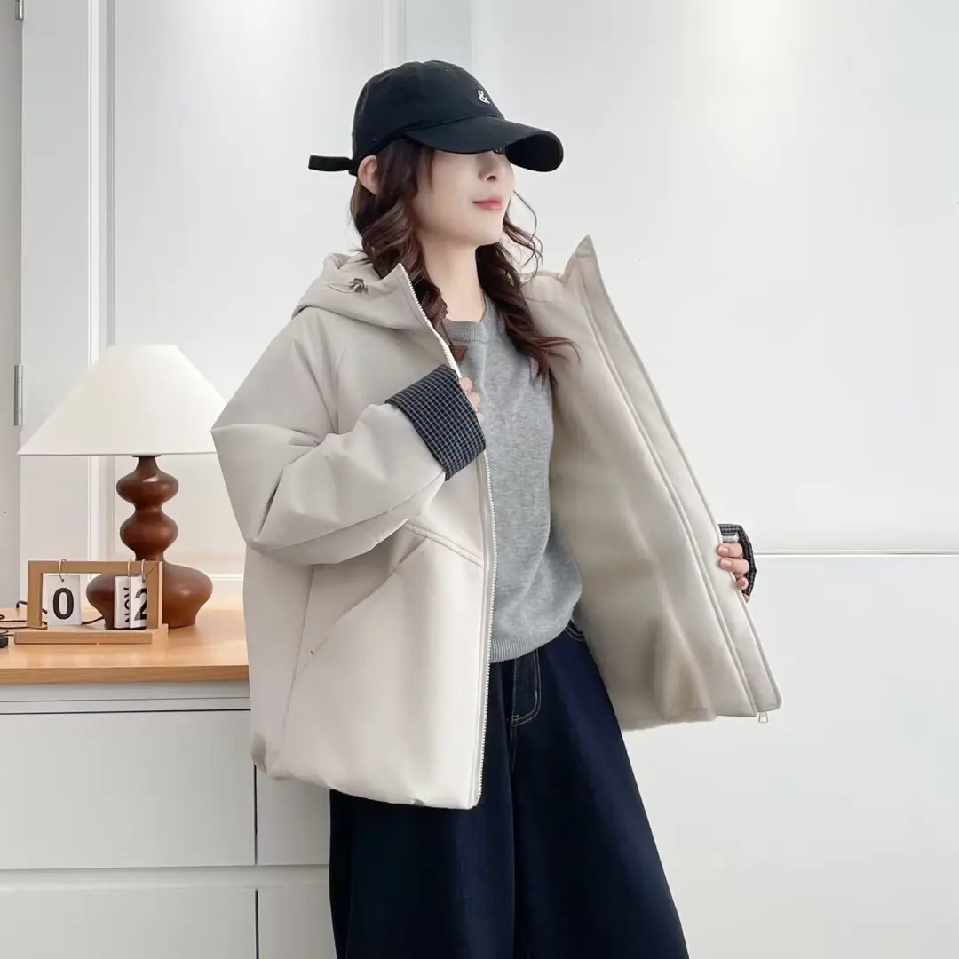 XXXXL Fashion Plus Size Women's Parkas Simple Cuffs Block Color Fleece And Thickened Hooded Jacket For Winter Padded Coat 8647