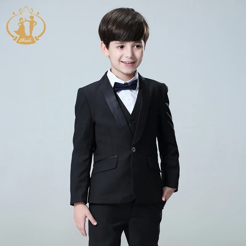 Spring Autumn Formal Boys Suits Weddings Children Party Host Costume Black Blazer Vest Pants Clothing