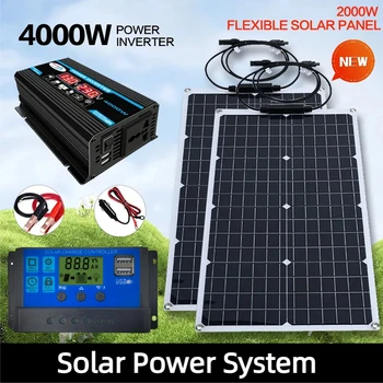 2000W Solar Energy System 110V/220V 4000W Solar Panel Inverter Glass 12V Battery Charging Controller For Home/Outdoor Use 1