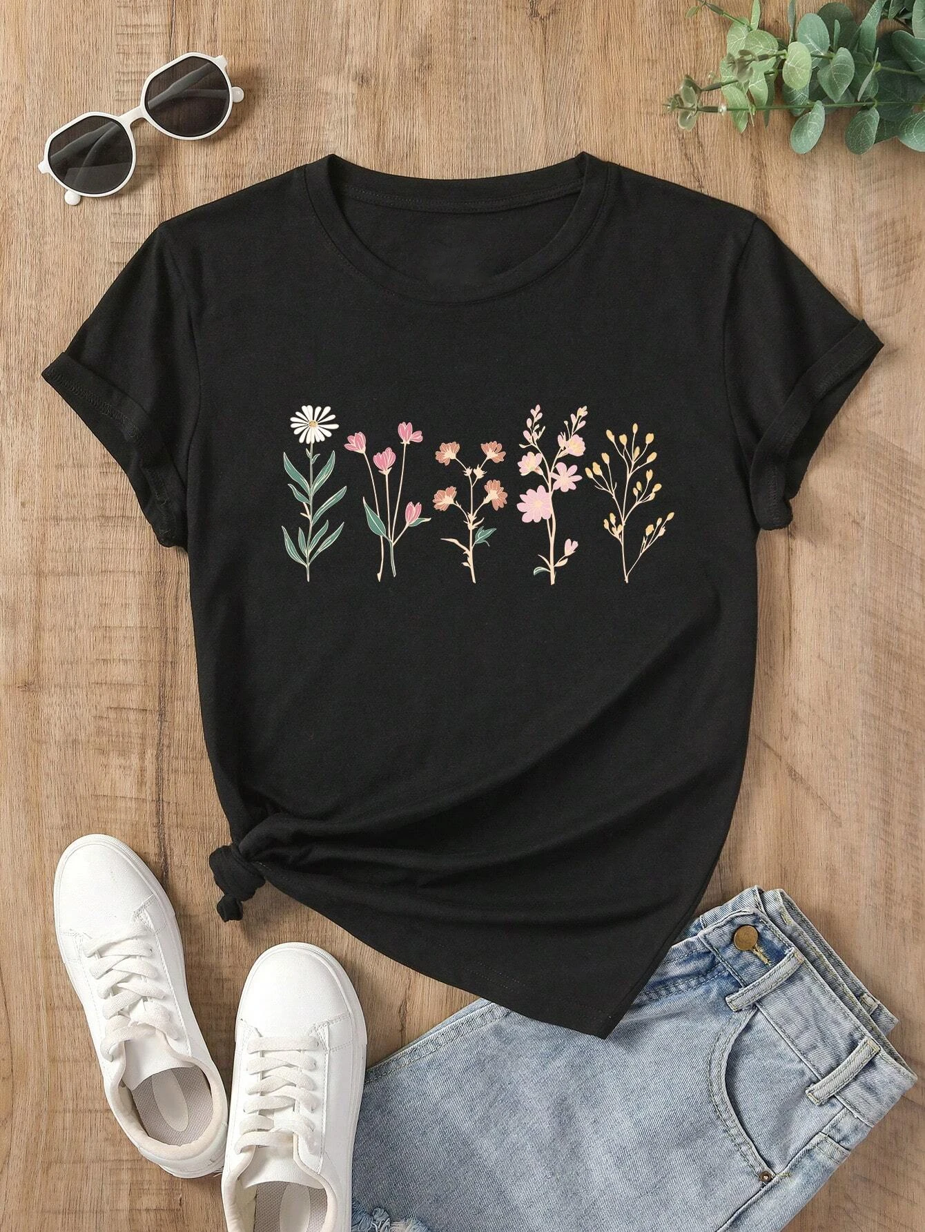 White Multi Floral Prints with Bow Short Sleeve T-Shirt