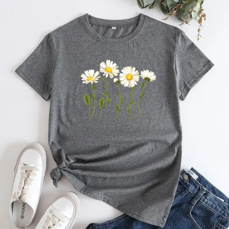 【CPGN STUDIO】Daisy Flower Short Sleeve T-shirt XCHQRTI Daisy Flower Shirts for Women Short Sleeve Tops