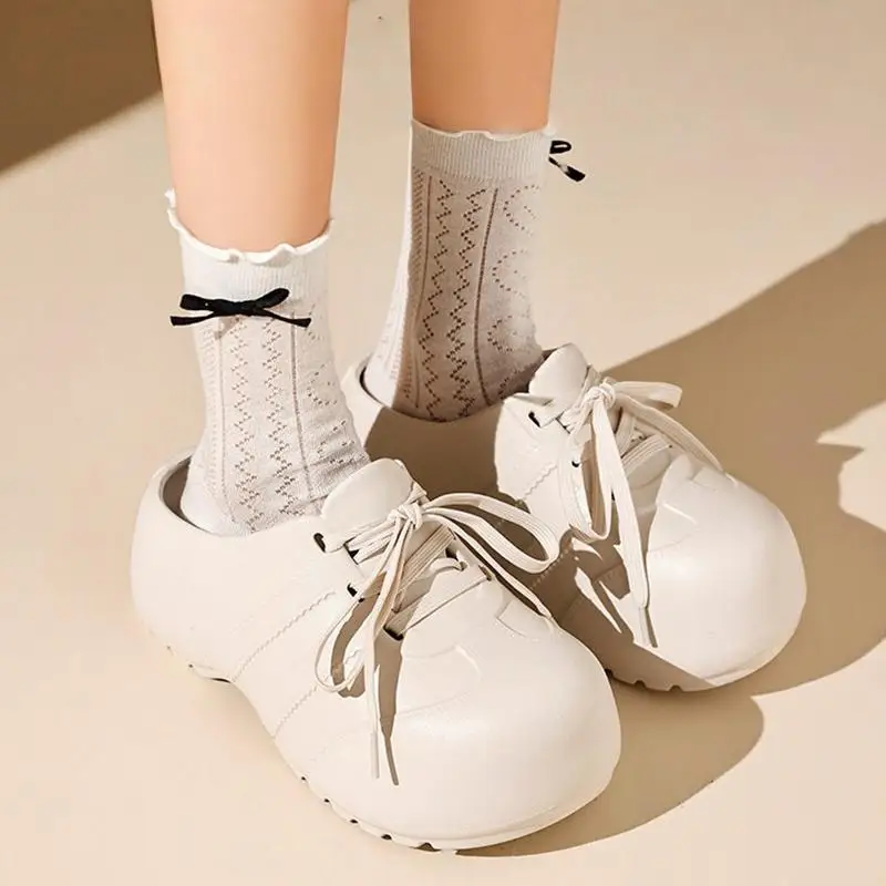 Soft Thick Bottom Lace Up Decoration Clogs Women Summer 2026 Light Weight EVA Mules Slippers Woman's Height Increase Sneakers