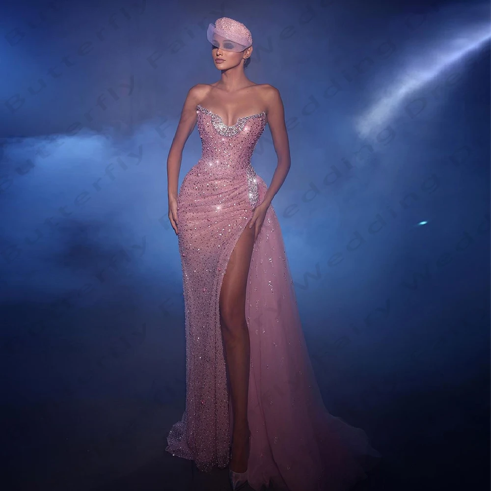 

Блестящие розовые женские вечерние платья, сексуальное женское платье с открытыми плечами и высоким разрезом, официальное пляжное коктейльное платье, 2024 Халат