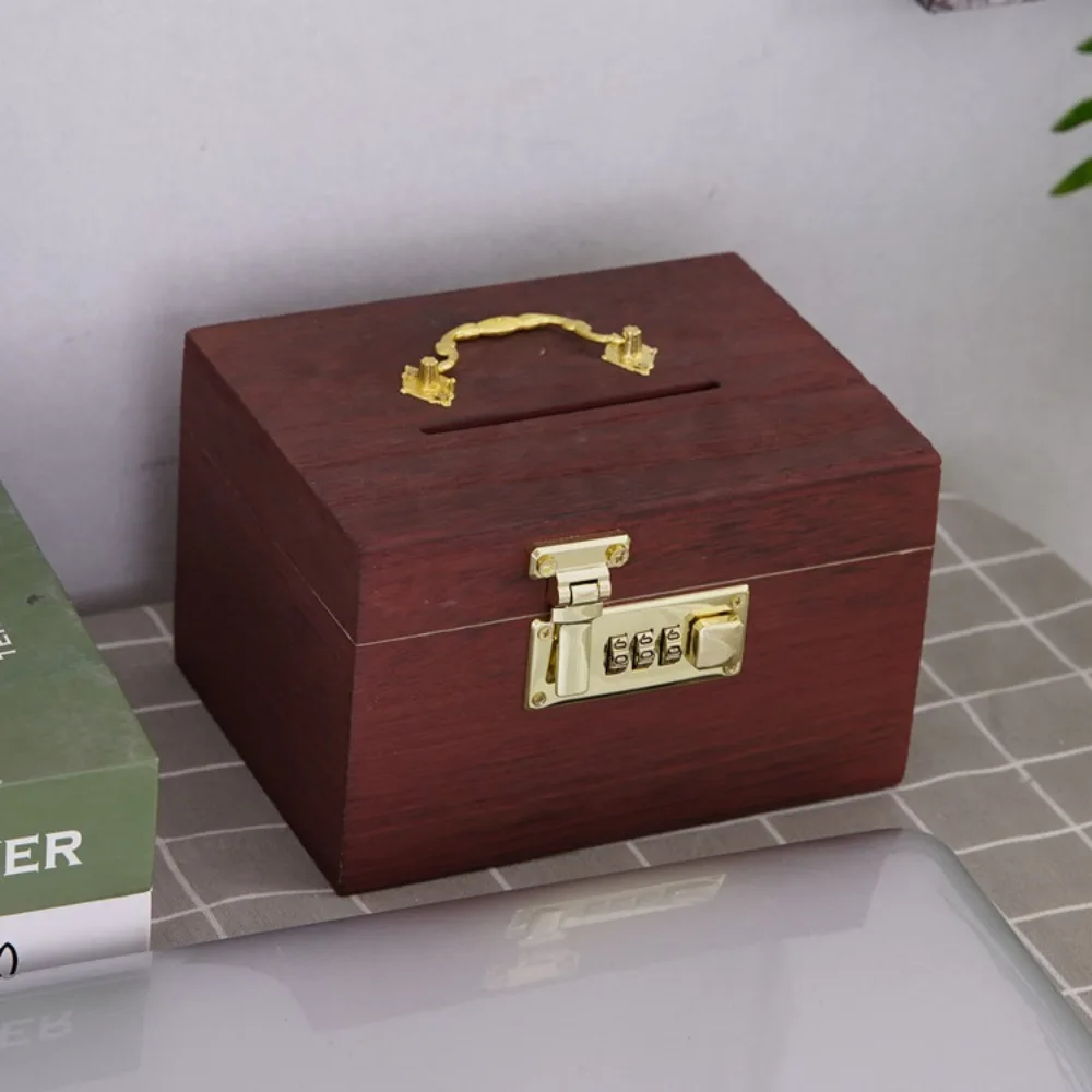 Safe Box Piggy Bank Organizer Treasure Storage Box Money Jar with Combination Lock Wooden Treasure Chest