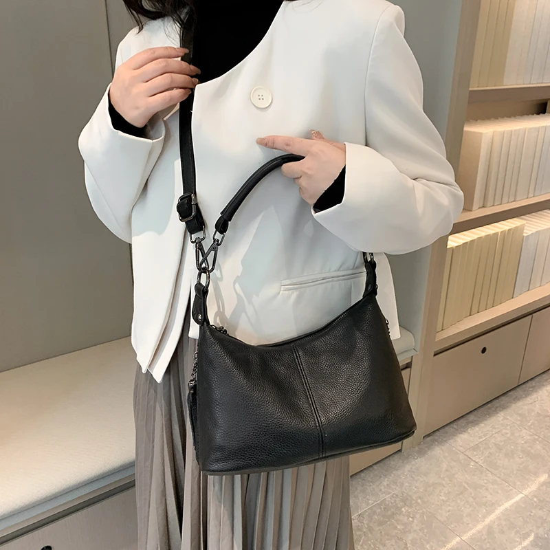 100%Cow Leather Luxury Tassel Women Handbag New Genuine Leather Crossbody Shoulder Bags Female Solid Color Messenger Fashion Sac
