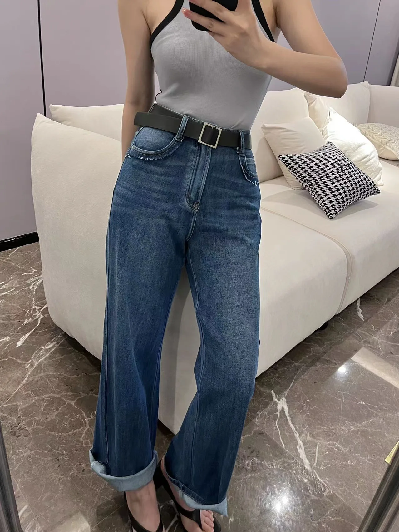

Women Pants Early Autumn High Waist Washed Wide Leg Jeans