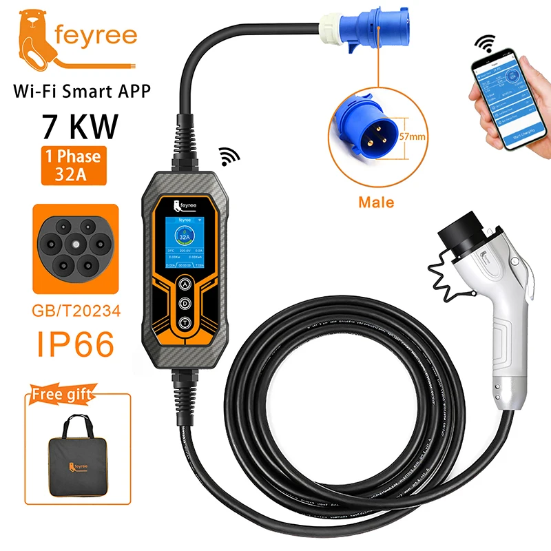 feyree GB/T Portable EV Charger 32A 7KW 1Phase APP Bluetooth Version EVSE 11KW 16A 3Phase Cable 5m CEE Plug for Electric Vehicle