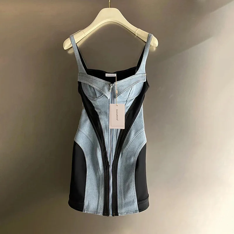 

2023 Summer New Sexy Slim Fit Sleeveless Waist Wrapped Short Spliced Denim Strap Dress