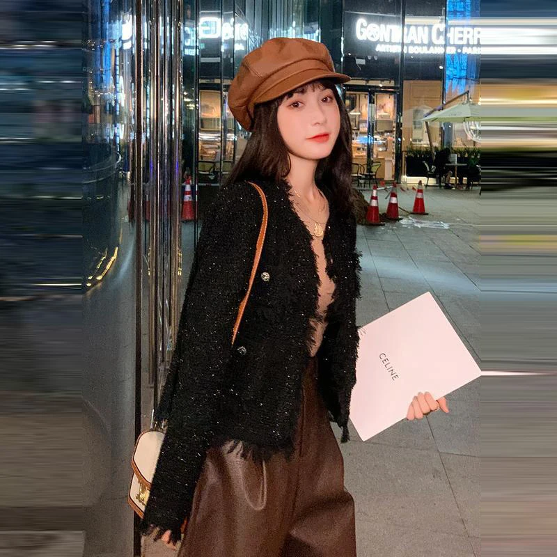 Women Vintage Tweed Jacket 2023 Korean Fashion Tassel Long Sleeve Outwear Luxury Ladies V-Neck Open Stitch Cardigans Coat S-2XL