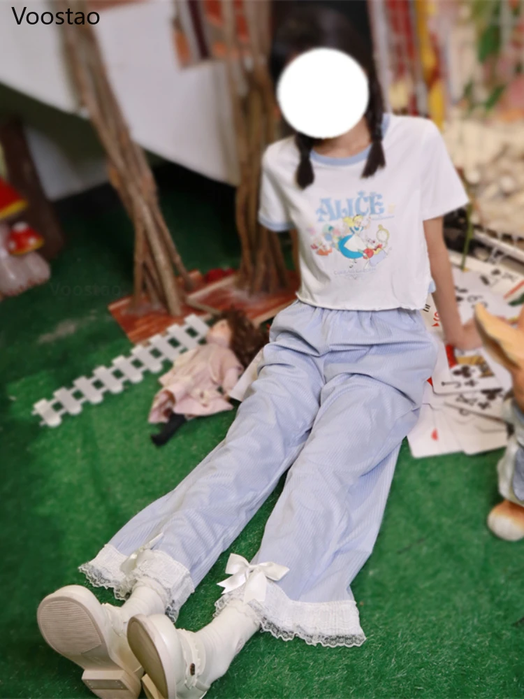 일본 로리타 여성 카와이 하이 웨스트 코듀로이 바지 스위트 보우 레이스 와이드 레그 팬츠 걸리 하라주쿠 시크 루즈 귀여운 바지
