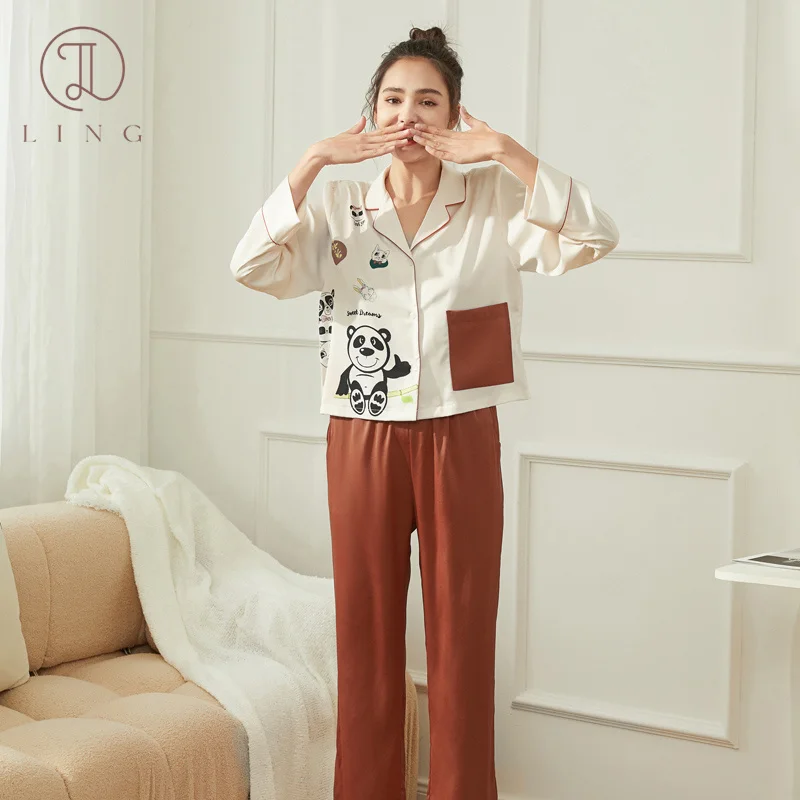 

Ling Silk Women's Pajamas Sets 2 Pcs Long Sleeve Trousers Pajamas Sleepwear Spring Summer Style Pajamas Sets Cartoon Style