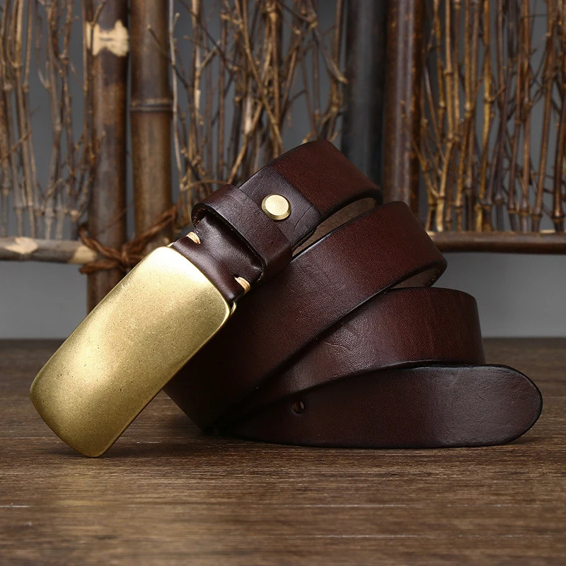 

3.3 cm Genuine Leather For Men's High Quality Copper Buckle Jeans Cowskin Casual Belts Business Cowboy Waistband Male Gift