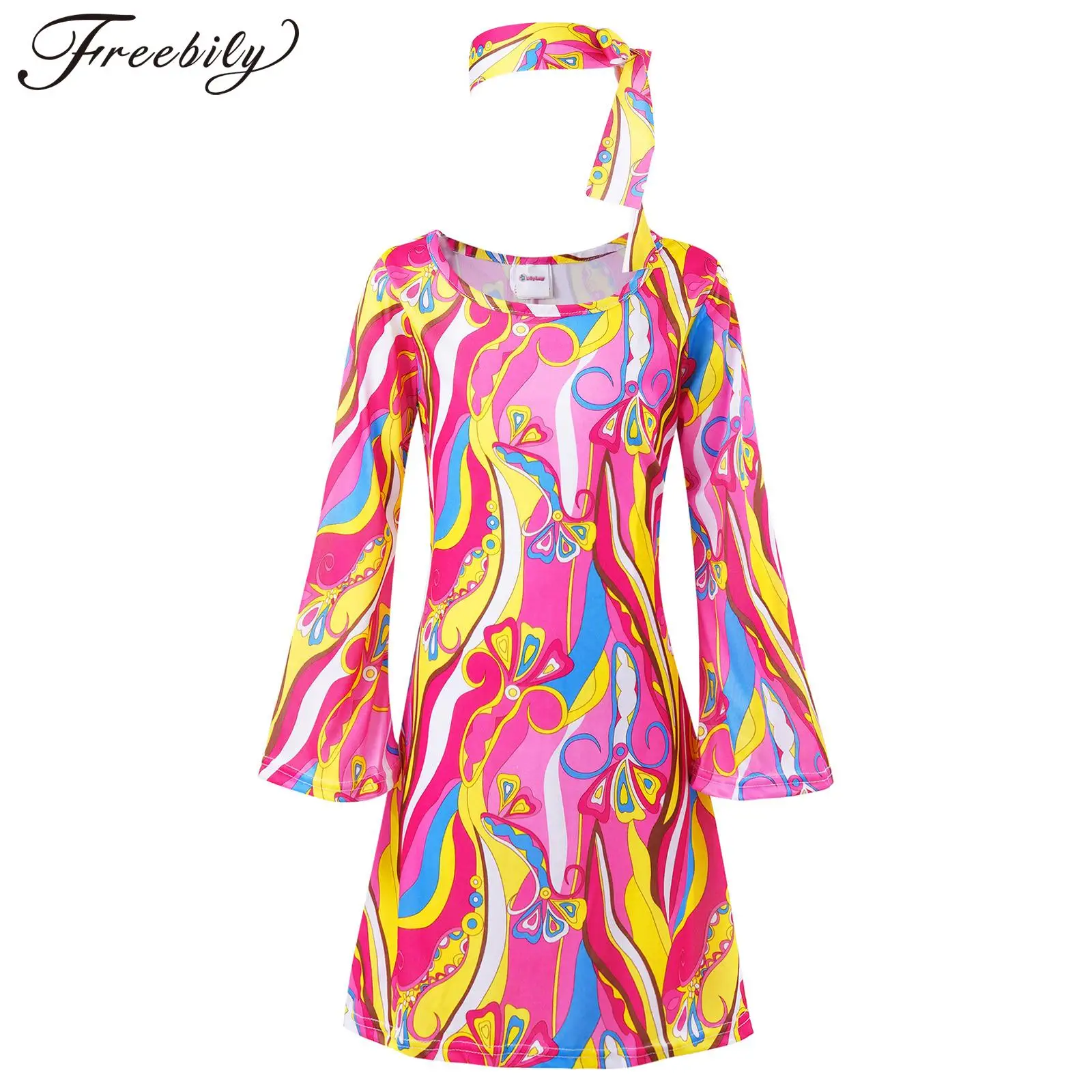 

Kids Girls Halloween Cosplay Hippie Costumes Disco Party 60s 70s Fancy Dress Up Vintage Long Bell Sleeves Dress with Headband