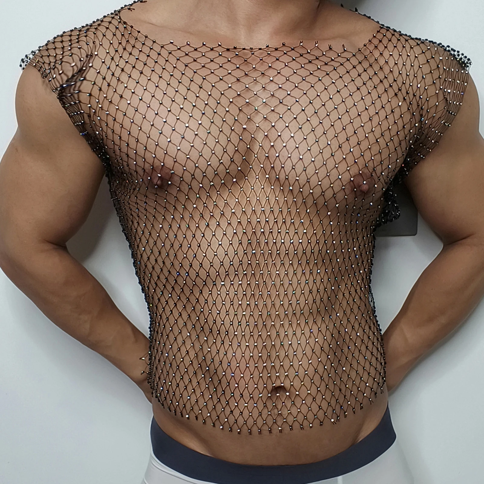 Men Sexy Tank Tops Fishnet Rhinestone Shiny Hollow Vest Man Mesh See-Through Sleeveless T-Shirt Transparent Clothing 1