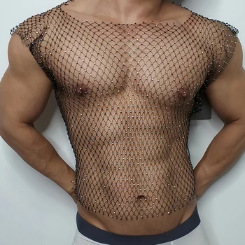 Men Sexy Tank Tops Fishnet Rhinestone Shiny Hollow Vest Man Mesh See-Through Sleeveless T-Shirt Transparent Clothing 1