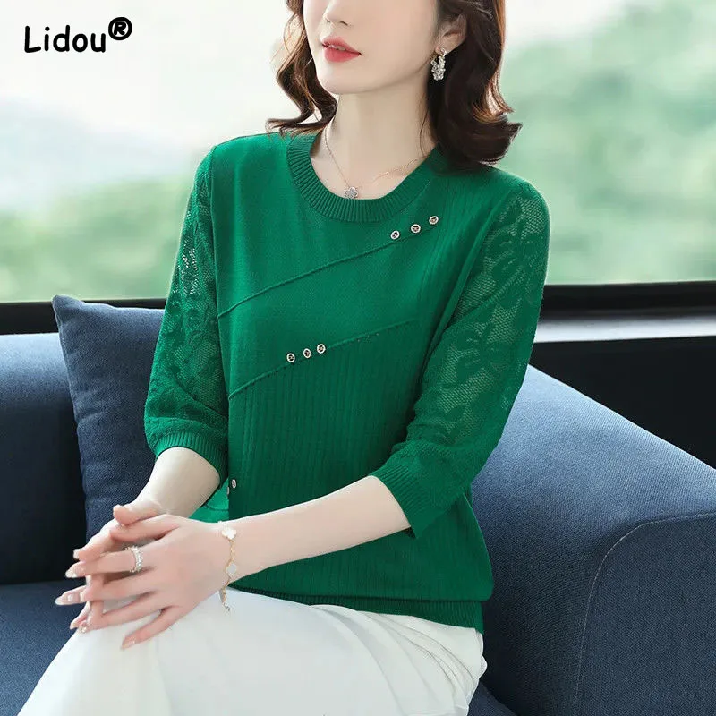 

Spring Summer Bright Colors Lace Patchwork Women's Clothing O-Neck Hollow Out Chinese Style Knitting T-Shirts Wild Medium Strech