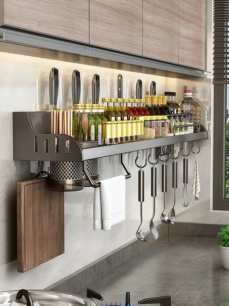 Kitchen Organizer Shelf Wall-mounted Spice Storage Rack Kitchen Knife Holder Wall Seasoning Chopstick Spoon Shovel Storage Shelf