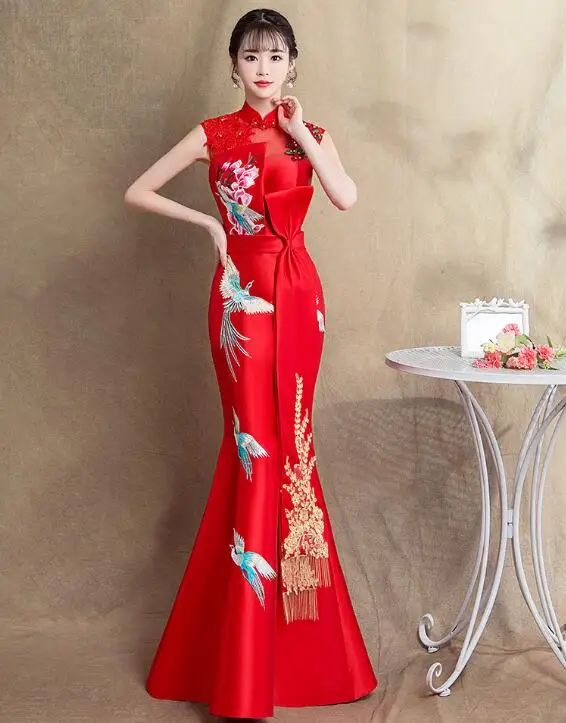 

Red Chinese Wedding Dress Women Summer Improved Embroidered Cheongsam Phoenix Fish tail Stage Long